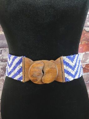 Artisan Crafted Beaded Stretch Belt With Wooden Buckle